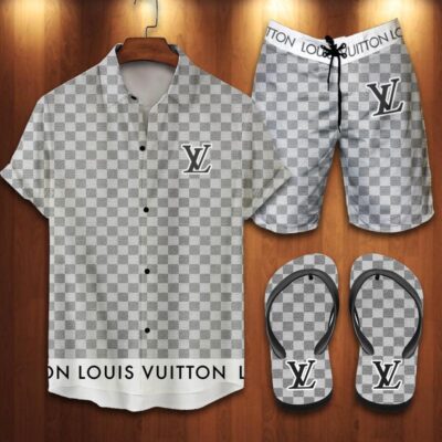 Louis Vuitton LV Flip Flops And Combo Hawaii Shirt Shorts Luxury Brand Summer Outfit HSF217
