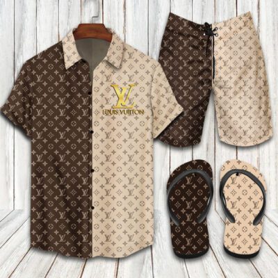 Louis Vuitton LV Flip Flops And Combo Hawaii Shirt Shorts Luxury Brand Summer Outfit HSF251