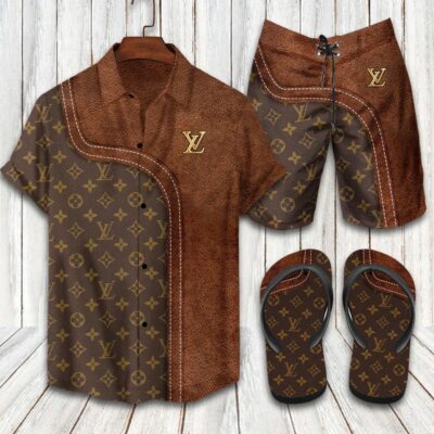 Louis Vuitton LV Flip Flops And Combo Hawaii Shirt Shorts Luxury Brand Summer Outfit HSF266