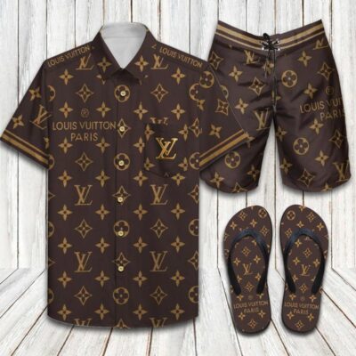 Louis Vuitton LV Flip Flops And Combo Hawaii Shirt Shorts Luxury Brand Summer Outfit HSF292