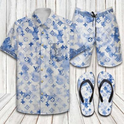 Louis Vuitton LV Flip Flops And Combo Hawaii Shirt Shorts Luxury Brand Summer Outfit HSF299