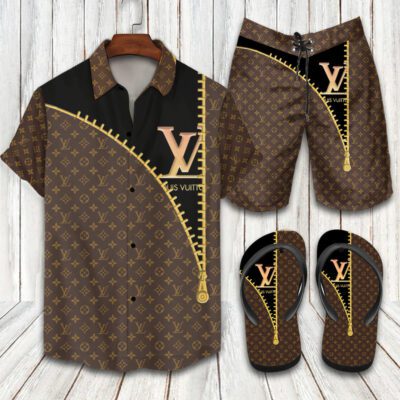 Louis Vuitton LV Flip Flops And Combo Hawaii Shirt Shorts Luxury Brand Summer Outfit HSF332