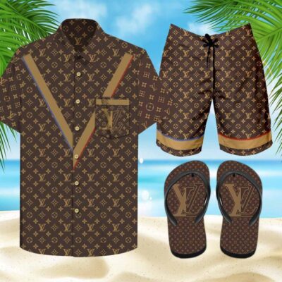 Louis Vuitton LV Flip Flops Combo Hawaii Shirt Shorts Luxury Brand Summer Outfit HSF007