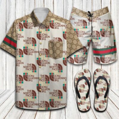 The North Face Gucci Flip Flops And Combo Hawaii Shirt Shorts Luxury Brand Summer Outfit HSF267