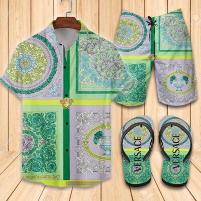 Versace Flip Flops And Combo Hawaii Shirt Shorts Luxury Brand Summer Outfit HSF175