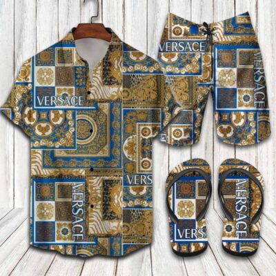 Versace Flip Flops And Combo Hawaii Shirt Shorts Luxury Brand Summer Outfit HSF316