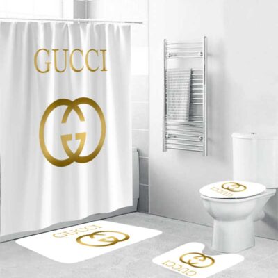 Gucci Luxury Bathroom Set White And Gold Logo Shower Curtain BRS239