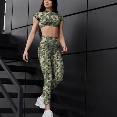 Army Green Louis Vuitton Sportwear Combo Luxury Brand Crop Top T-Shirt And Legging For Women CTL1014