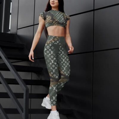 Army Green Supreme Louis Vuitton Luxury Sportwear Combo Luxury Brand Crop Top T-Shirt And Legging For Women CTL1046