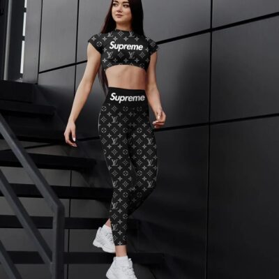 Black Louis Vuitton Sportwear Combo Luxury Crop Top T-Shirt And Legging For Women CTL1010