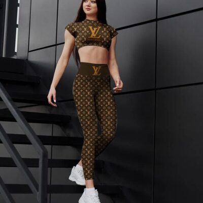 Brown Louis Vuitton Sportwear Combo Luxury Brand Crop Top T-Shirt And Legging For Women CTL1012