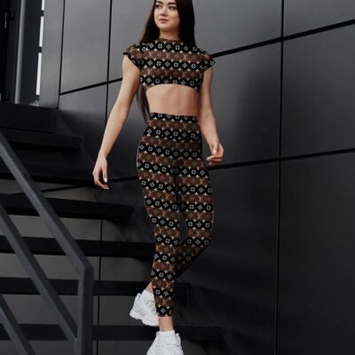Brown Louis Vuitton Sportwear Combo Luxury Crop Top T-Shirt And Legging For Women CTL1009