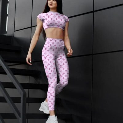 Pink Louis Vuitton Sportwear Combo Luxury Brand Crop Top T-Shirt And Legging For Women CTL1015