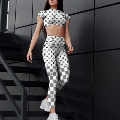 White Checkerboard Louis Vuitton Sportwear Combo Luxury Brand Crop Top T-Shirt And Legging For Women CTL1013