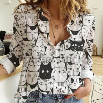 Cat Women Casual Shirt Cat Casual Long Sleeve Button Down Shirt Cat Blouses For Women Women Linen Shirt Cat Lover Gifts