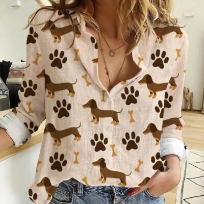 Dachshund Women Casual Shirt Dachshund Casual Long Sleeve Button Down Shirt Blouses For Women Dachshund Women Linen Shirt