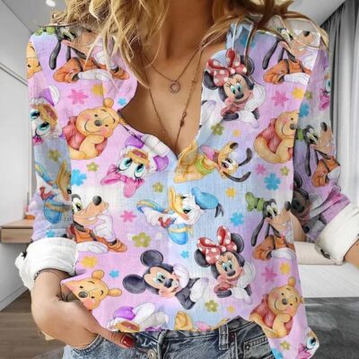Disney Character Women Casual Shirt Mickey Casual Shirt Mickey Casual Long Sleeve Button Down Shirt Disney Fan Gift Blouses For Women