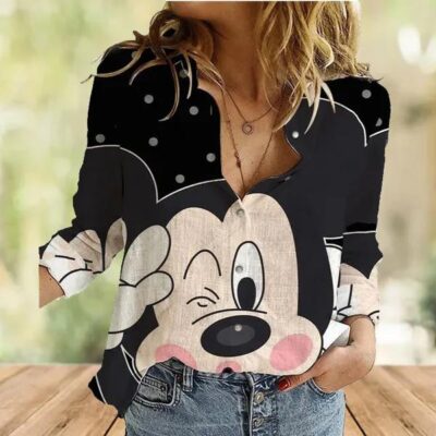 Disney Cute Women Casual Shirt Mickey And Minnie Women Shirt Cartoon Casual Shirt Disney Fan Gift