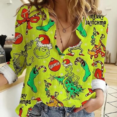 Grinch Christmas Women Casual Shirt Casual Long Sleeve Button Down Shirt