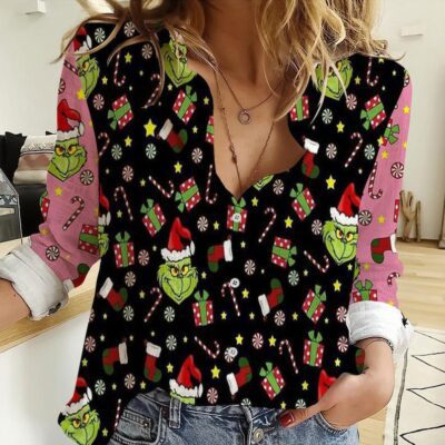 Grinch Women Casual Shirt Grinch Casual Long Sleeve Button Down Shirt Grinch Linen Shirt