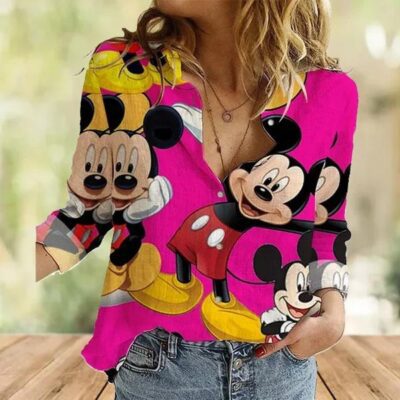 Mickey And Minnie Women Shirt Cartoon Casual Shirt Disney Fan Gift Disney Cute Women Casual Shirt