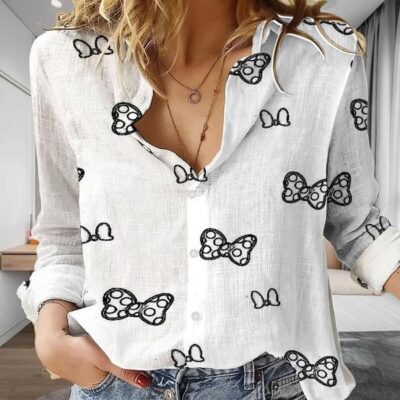 Mickey Cute Women Casual Shirt Disney Character Shirt Mickey Casual Long Sleeve Button Down Shirt Disney Fan Gift Blouses For Women