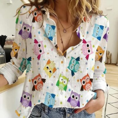 Owl Pattern Women Casual Shirt Owl Casual Long Sleeve Button Down Shirt Owl Blouses For Women Owl Women Linen Shirt