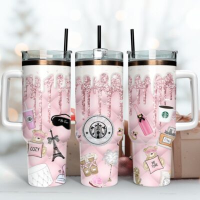 Pink Dripping Pattern Stanley Tumbler Starbucks Logo 40Oz Stanley Tumbler KTB1159
