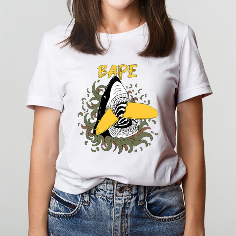 Cartoon Shark With Surfboard Bape Unisex T Shirt TAT5485 3