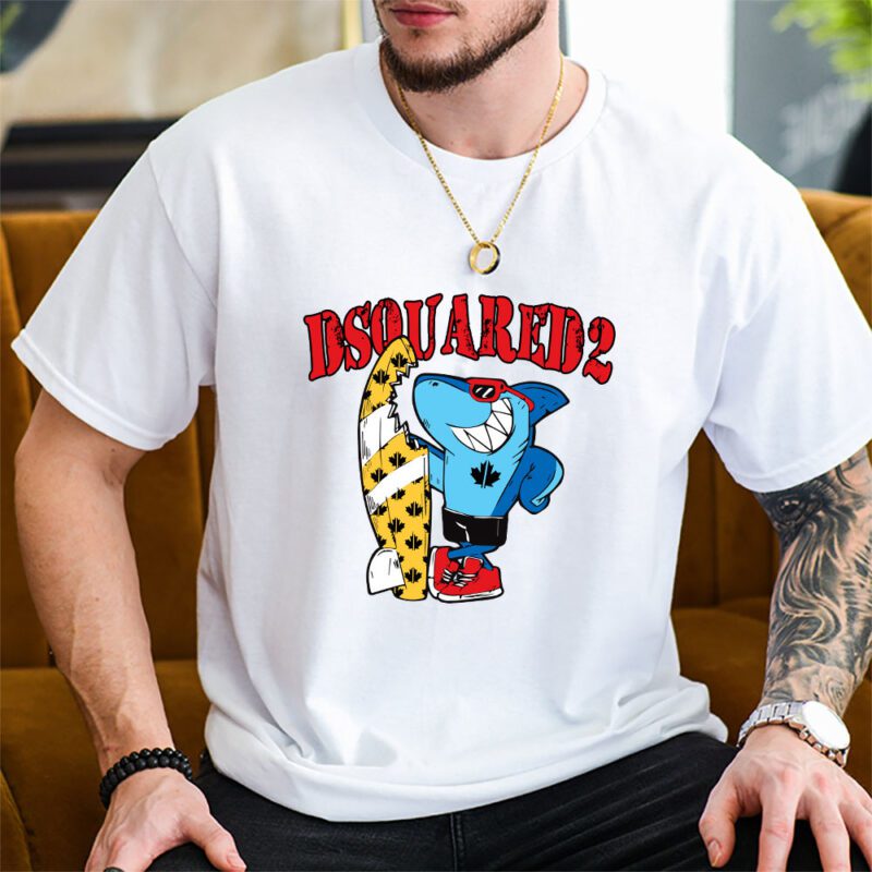 Cartoon Shark With Surfboard Dsquared2 Unisex T Shirt TAT5486 2