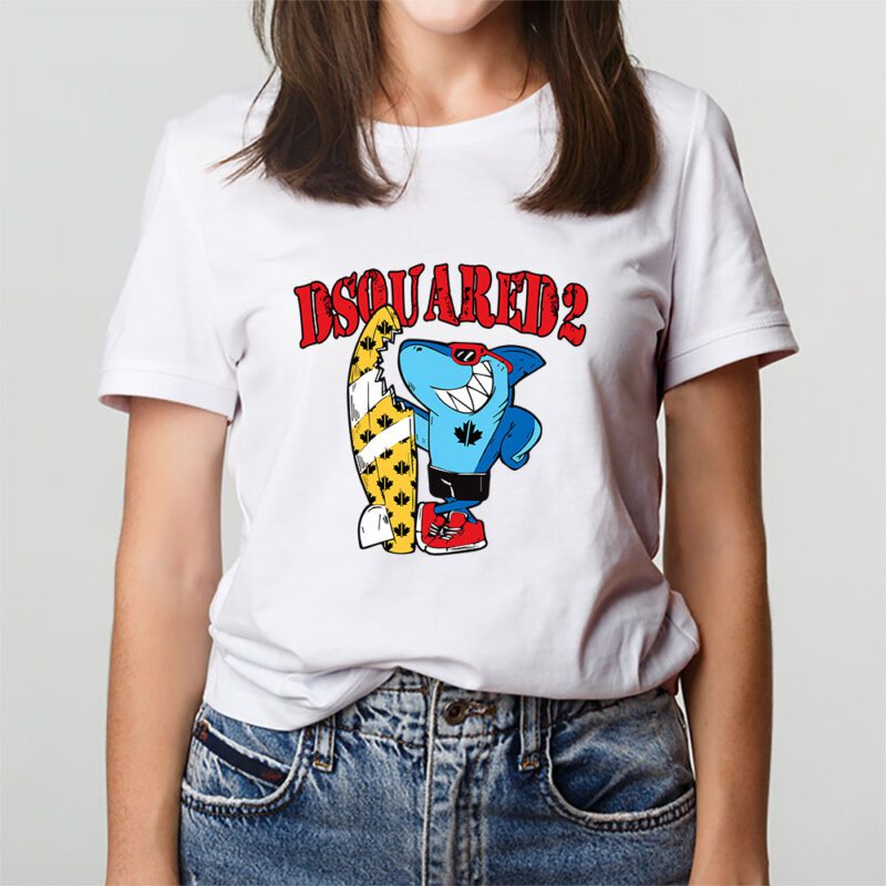 Cartoon Shark With Surfboard Dsquared2 Unisex T Shirt TAT5486 3
