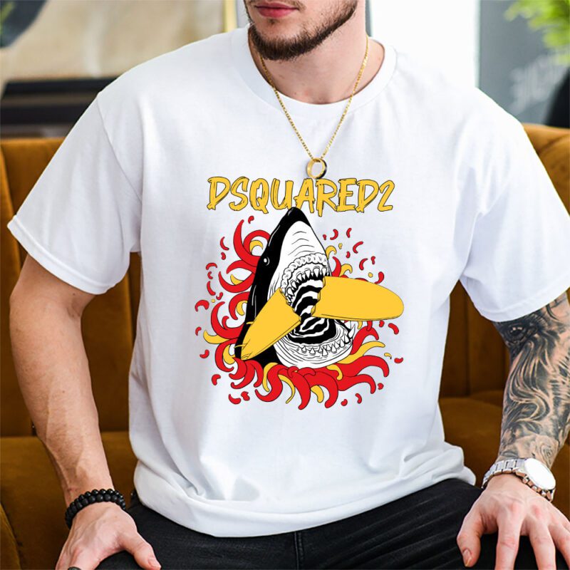 Cartoon Shark With Surfboard Dsquared2 Unisex T Shirt TAT5487 2