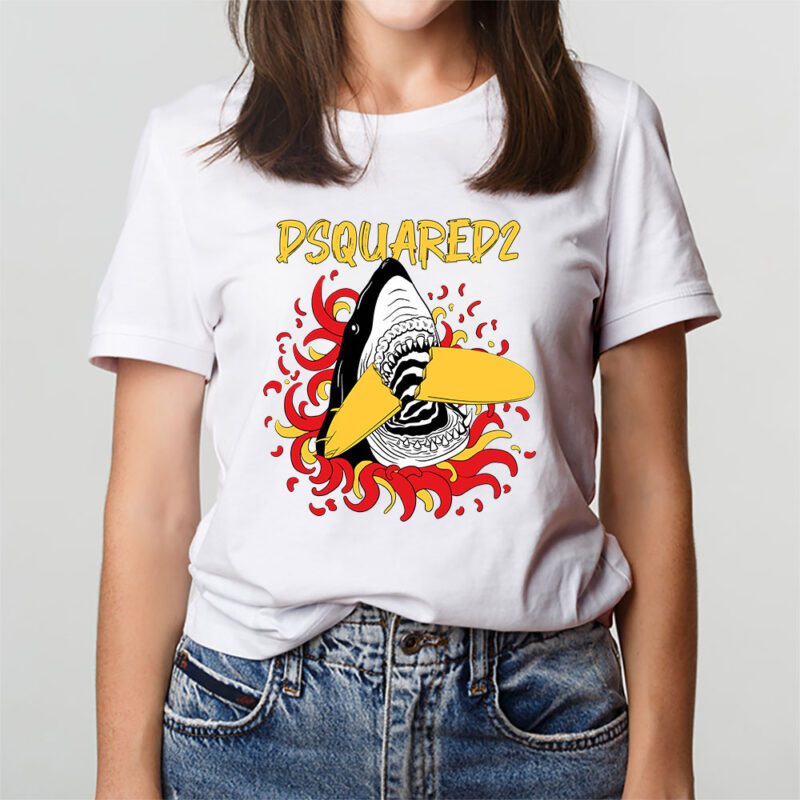 Cartoon Shark With Surfboard Dsquared2 Unisex T Shirt TAT5487 3