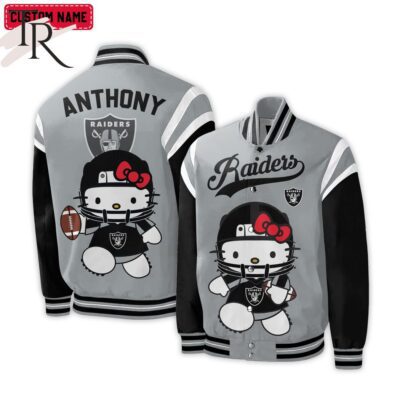 Personalized NFL Las Vegas Raiders Special Hello Kitty Design Baseball Jacket For Fans TBJ1117