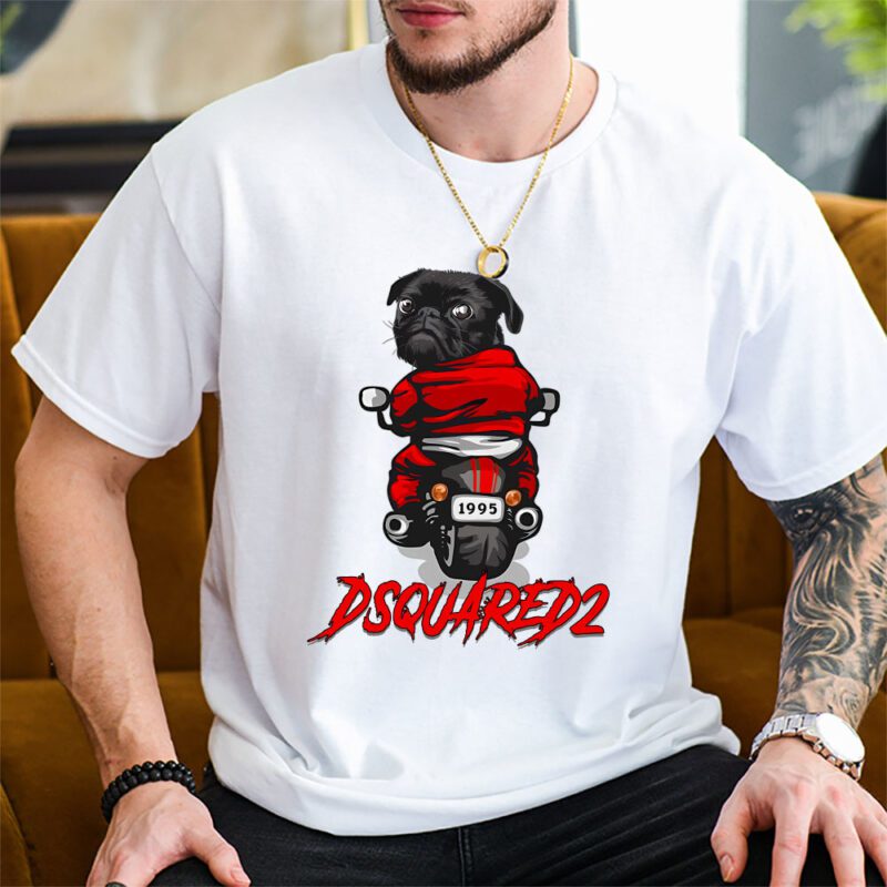 Pug Dog Riding A Motorcycle Dsquared2 Brand Unisex T Shirt Cotton Tee TAT6380 2