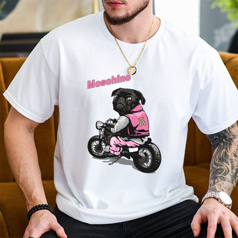 Pug Dog Riding A Motorcycle Moschino Brand Unisex T Shirt Cotton Tee TAT6387 1