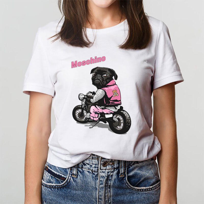 Pug Dog Riding A Motorcycle Moschino Brand Unisex T Shirt Cotton Tee TAT6387 2