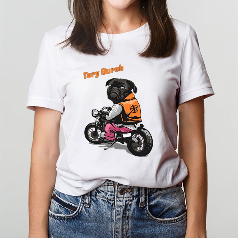 Pug Dog Riding A Motorcycle Tory Burch Brand Unisex T Shirt Cotton Tee TAT6391 2