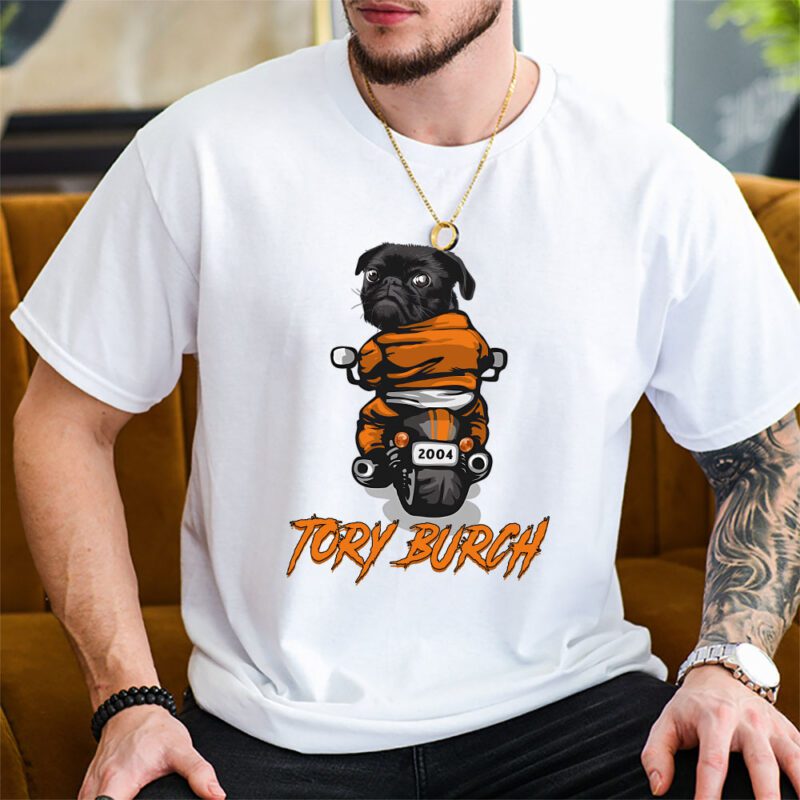 Pug Dog Riding A Motorcycle Tory Burch Brand Unisex T Shirt Cotton Tee TAT6392 2
