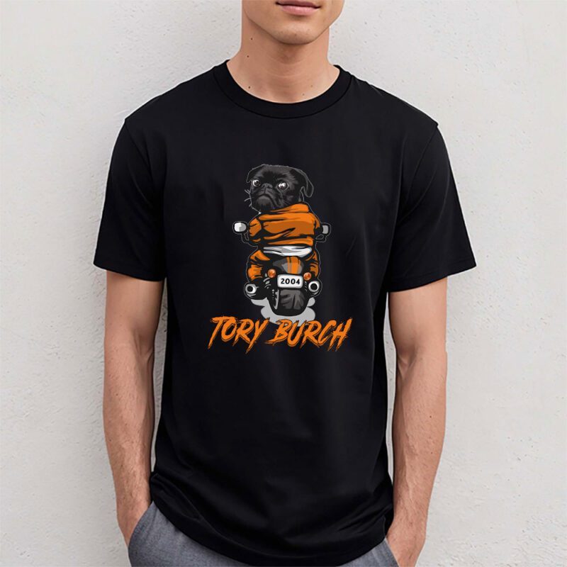 Pug Dog Riding A Motorcycle Tory Burch Brand Unisex T Shirt Cotton Tee TAT6392 4