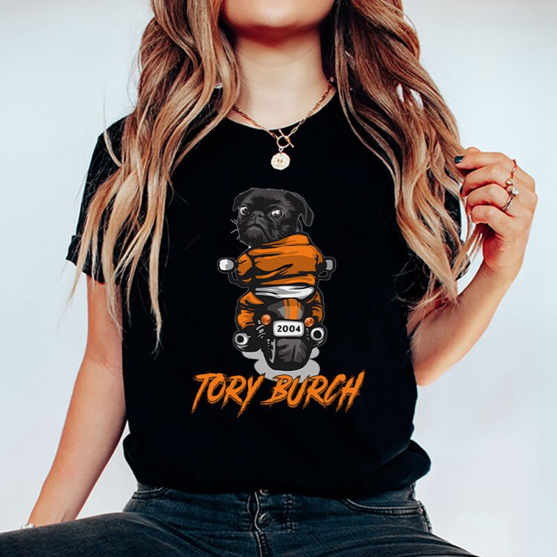 Pug Dog Riding A Motorcycle Tory Burch Brand Unisex T Shirt Cotton Tee TAT6392 5