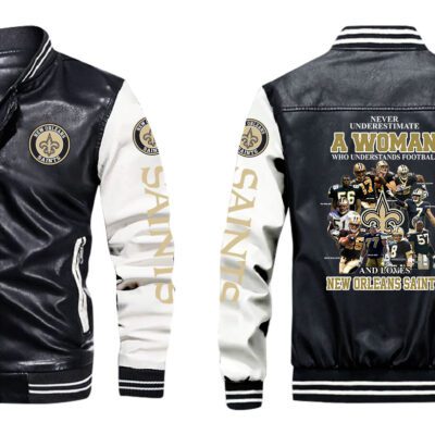 Never Underestimate Woman Understands Football And Loves New Orleans Saints Gift For Saints Fans Leather Bomber Jacket LBJ0045