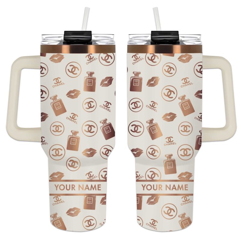 Chanel Circle Lips Coco Noir Pattern Stanley Tumbler 40oz Cream Engraved Tumbler OTL1042