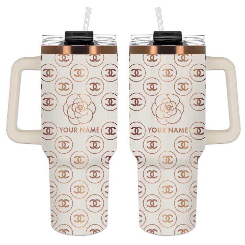 Chanel Circle Logo Pattern Stanley Tumbler 40oz Cream Engraved Tumbler OTL1037
