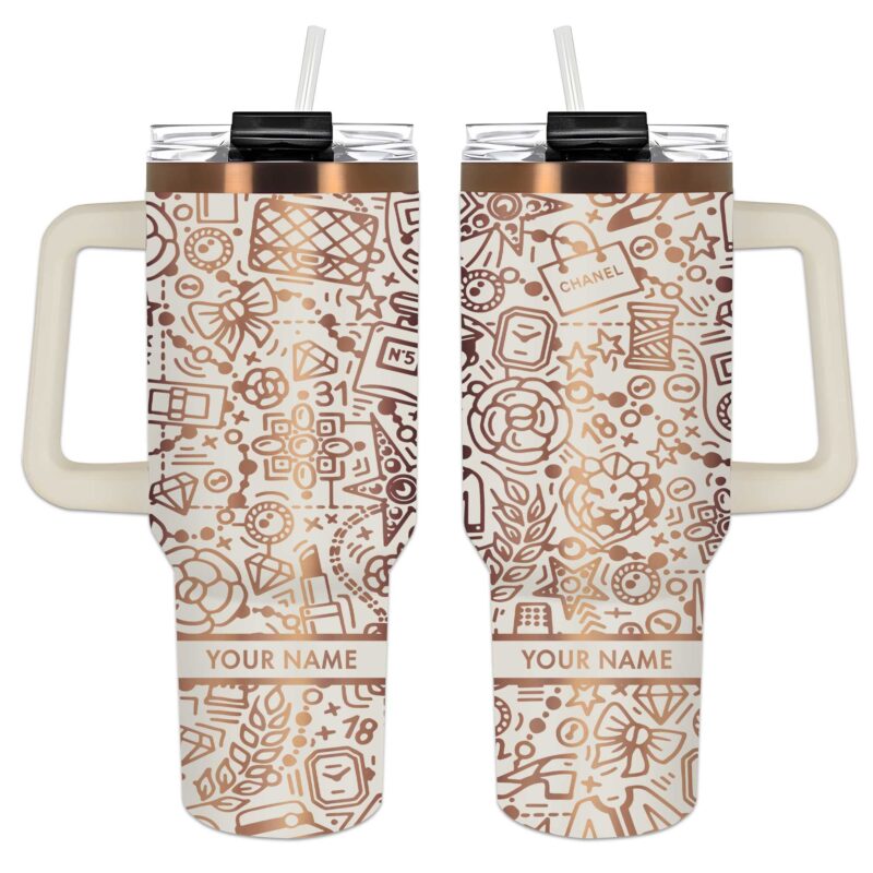 Chanel Coco No5 Pattern Stanley Tumbler 40oz Cream Engraved Tumbler OTL1039