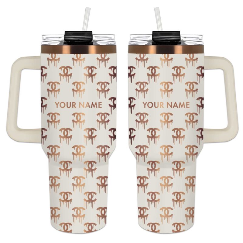 Chanel Dripping Pattern Stanley Tumbler 40oz Cream Engraved Tumbler OTL1033