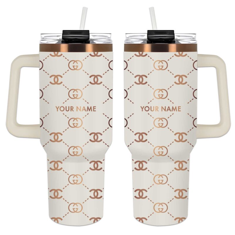 Chanel Gucci Pattern Stanley Tumbler 40oz Cream Engraved Tumbler OTL1046
