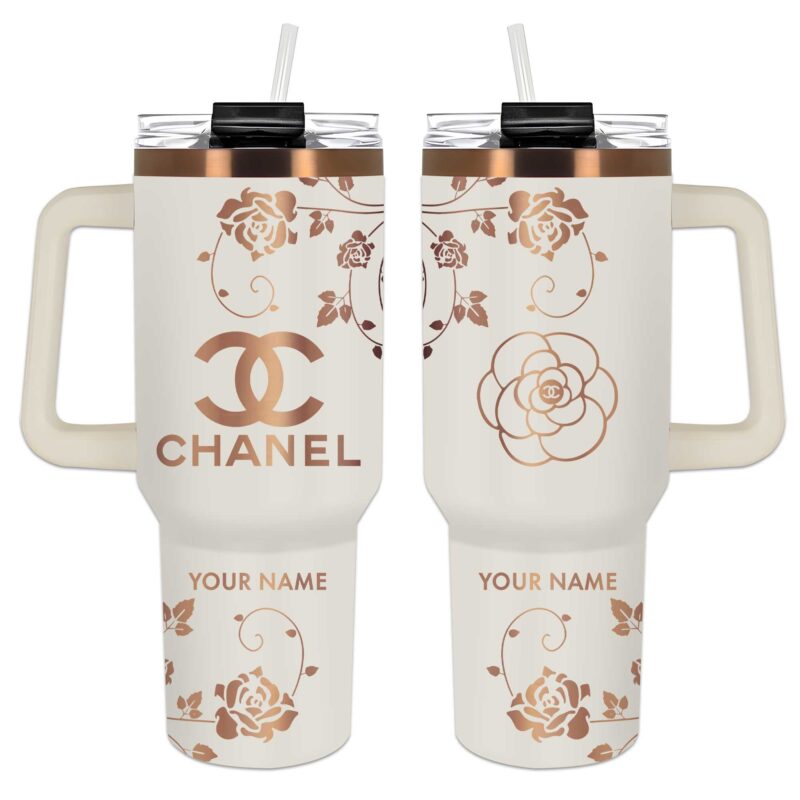 Chanel Logo Roses Stanley Tumbler 40oz Cream Engraved Tumbler OTL1036