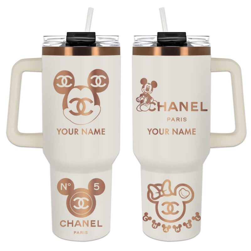 Chanel Mickey Logo Stanley Tumbler 40oz Cream Engraved Tumbler OTL1044