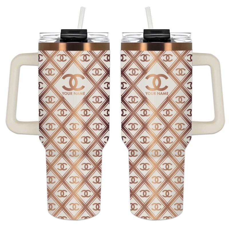 Chanel Pattern Lines Luxury Stanley Tumbler 40oz Cream Engraved Tumbler OTL1034